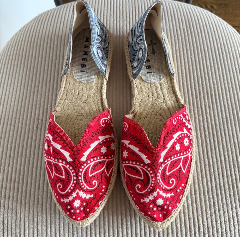 MANEBI Red Flats Bandana Braided Jute Sole Pointed Espadrilles Slip-On Size 39